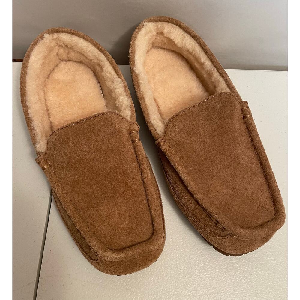 PAWZ by Bearpaw Mens 8 Genuine Suede Wool Shearling Caleb Moccasin‎ Slipper tan